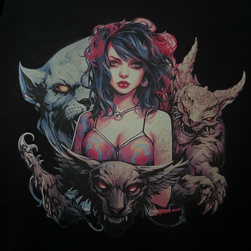 Black Crop Short Sleeve Hoodie Lady with Monsters design